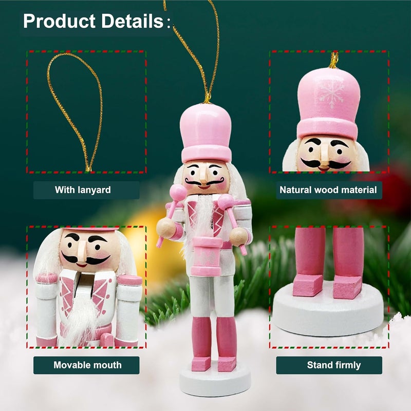 MicoSim Mini Nutcrackers Figures Wooden Christmas Decor, Hanging Nutcracker Ornaments for Xmas Tree, Wood Nut-Crackers Christmas Decorations for Festival Party (Pink, 5PCS) - Image 3